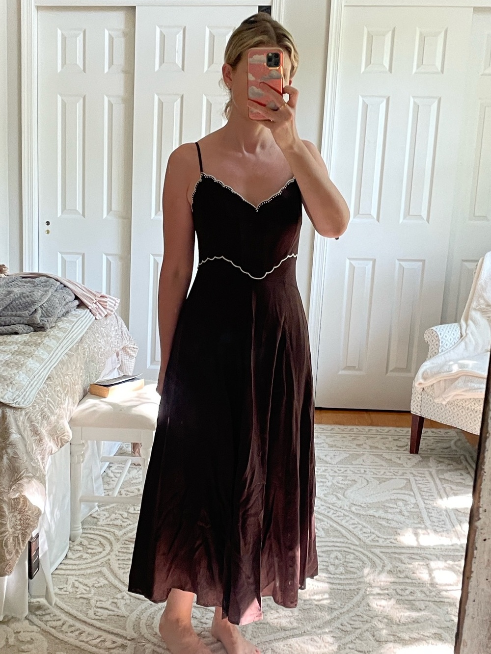 NWT Caroline Constas Brown Scallop-Trim Spaghetti-Strap Midi Dress || Size XS - Picture 2 of 8